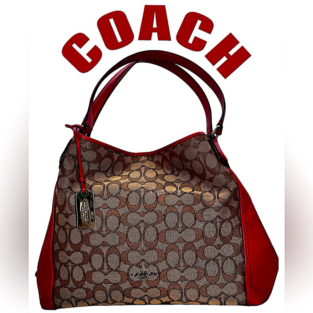 COACH EDIE 31 Signature Jacquard and rich red leather
